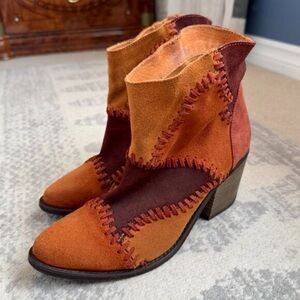 Brown and Tan Suede Patchwork Leather Booties
